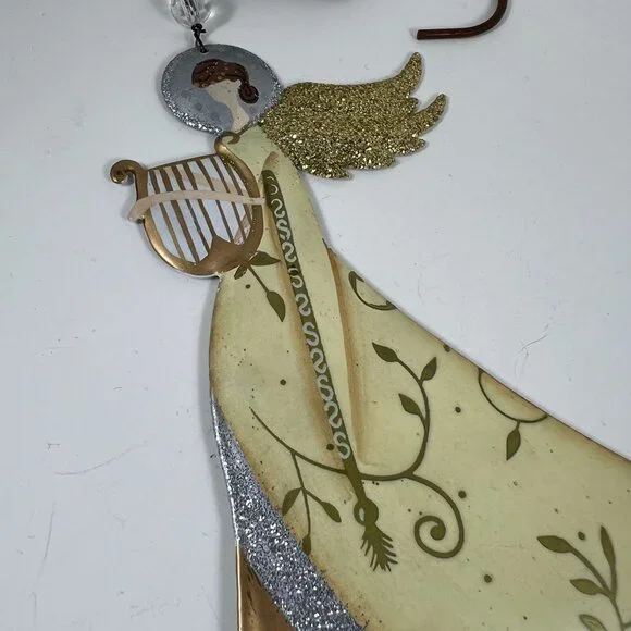 Vintage Angel Metal Wall Hanging With Glitter Accents & Green Glass Bead - Picture 2 of 4
